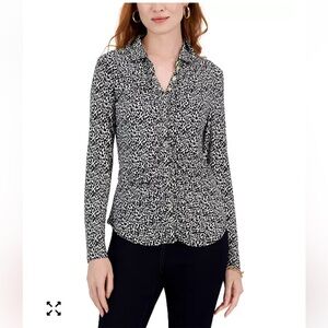 INC Black And White Printed Ruched Snap-Front Top Shirt Long Sleeved Size L